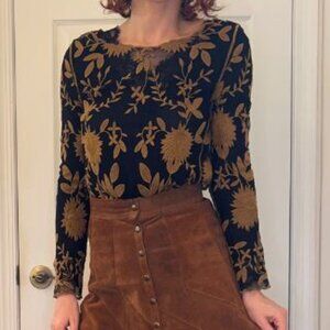 Sundance Embroidered Black and Gold Sheer Mesh Top (Size XS)